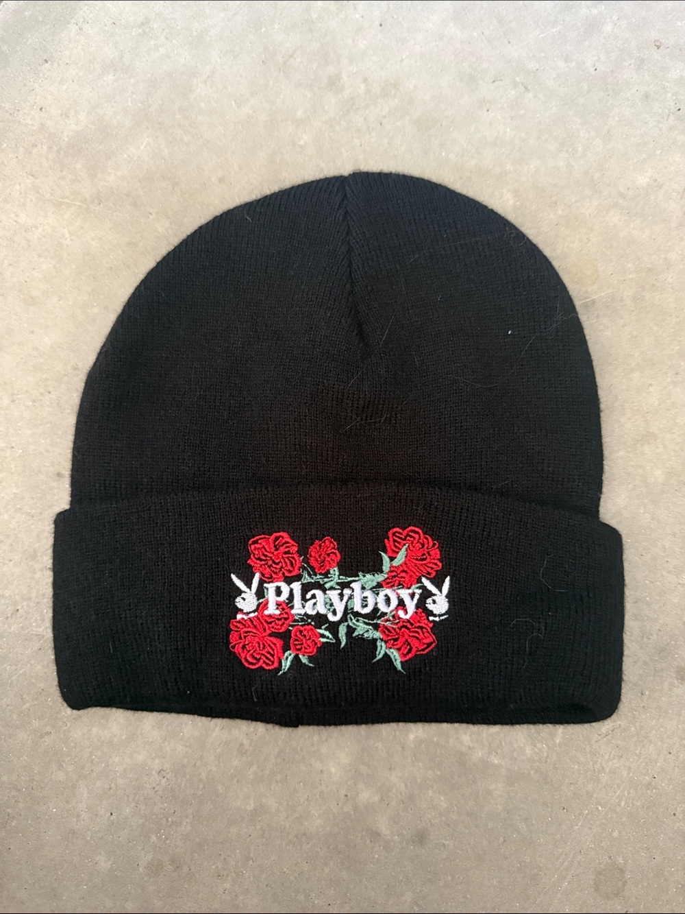 PLAYBOY Black Beanie with Red Rose Embroidery